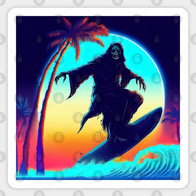 Spooky retro grim skeleton surfing on palm beach Sticker by TomFrontierArt